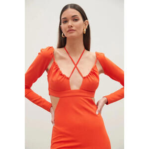 ATOIR Serpent Dress Red Size 10 Halter Cut Out Long Sleeve Midi Bodycon